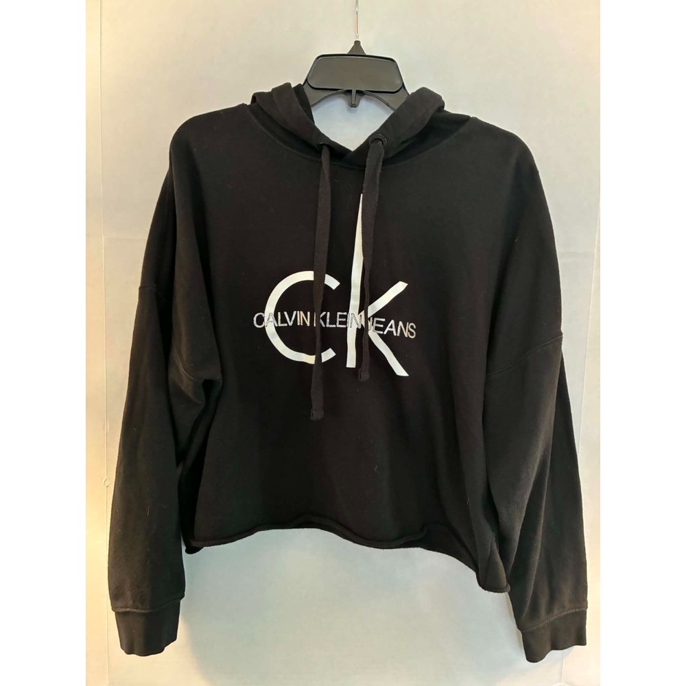 Calvin Klein Jeans Womens XL Black Cropped Hoodie CK Logo Pullover Sweatshirt